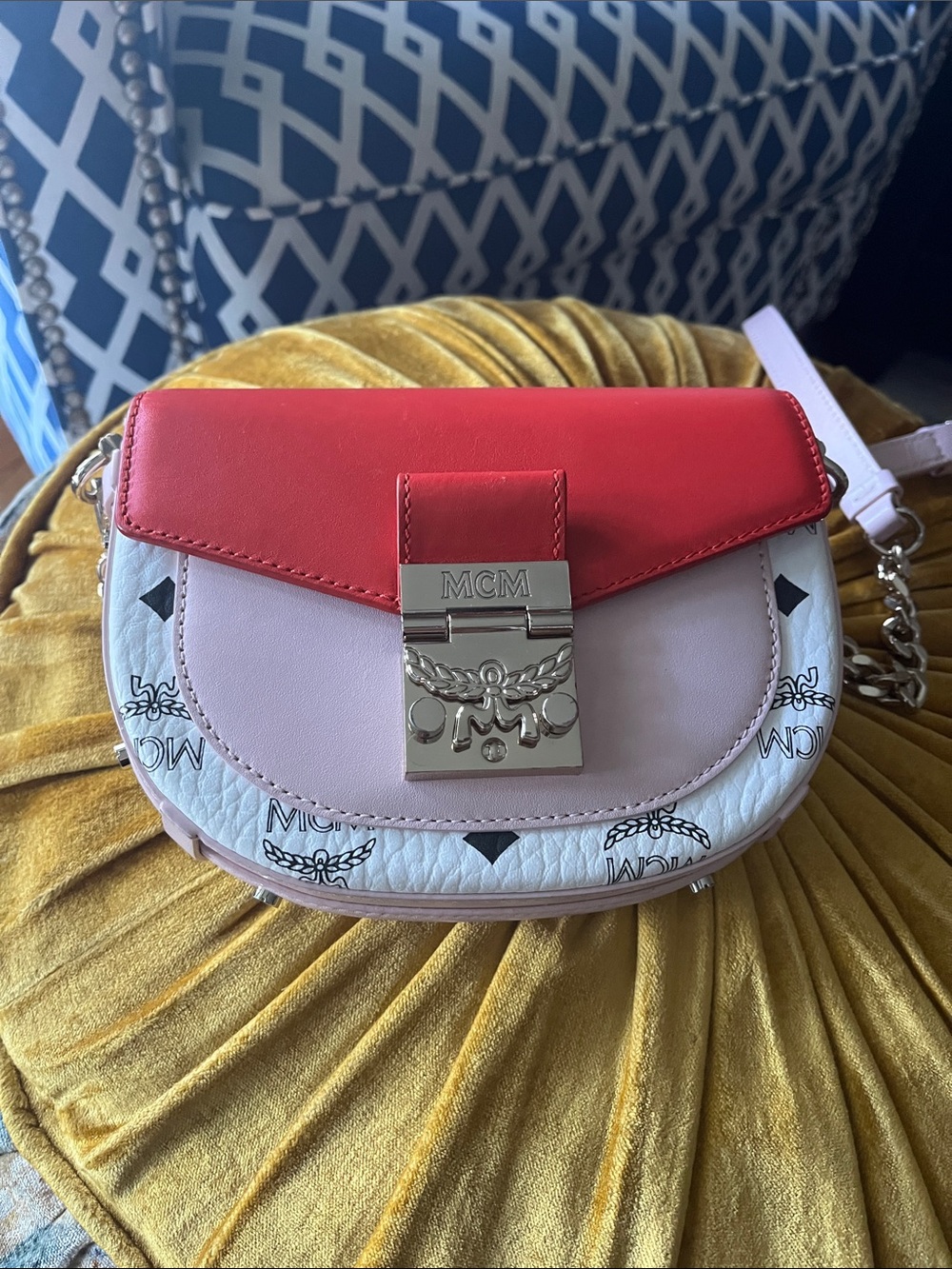 MCM Red and Pale Pink Logo Leather Crossbody Bag